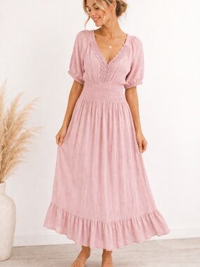Kings Road Pink Boho Maxi Dress Lace Trim Smocked Waist Medium